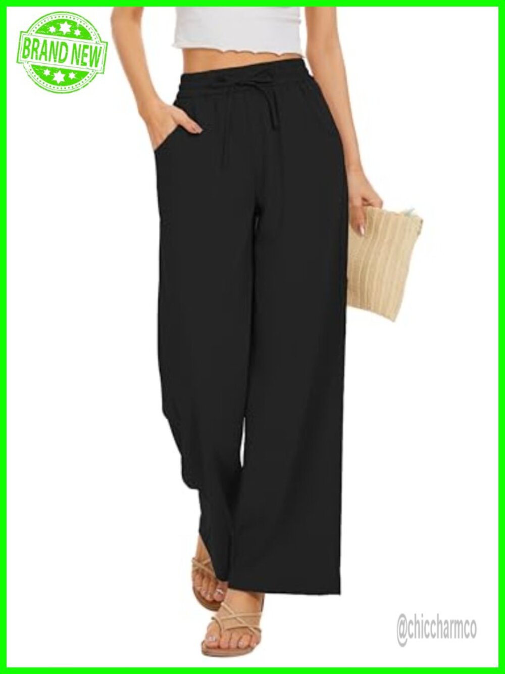 Wide Leg Palazzo Pants Drawstring Waist Beach Loose Fit with Pockets